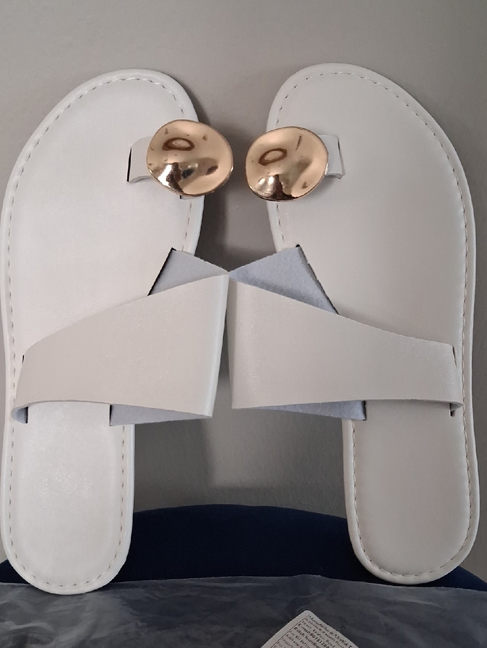 Women's White Slide Sandals with Gold Accent